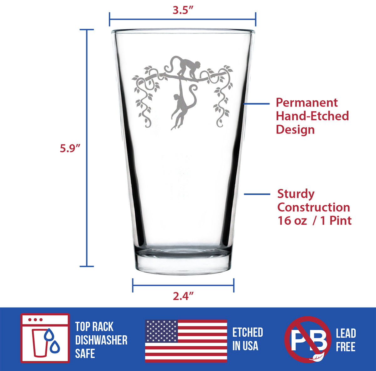Monkey Pint Glass for Beer - Fun Wild Animal Themed Decor and Gifts for Lovers of Apes and Monkeys - 16 Oz Glasses