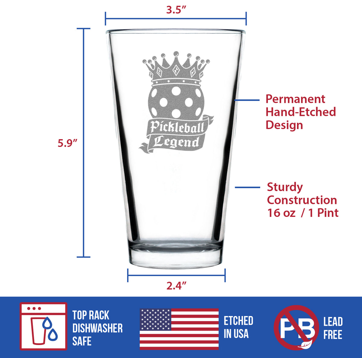 Pickleball Legend Engraved Pint Glass Gifts for Picklers High Quality Pint Glasses for Beer - 16oz