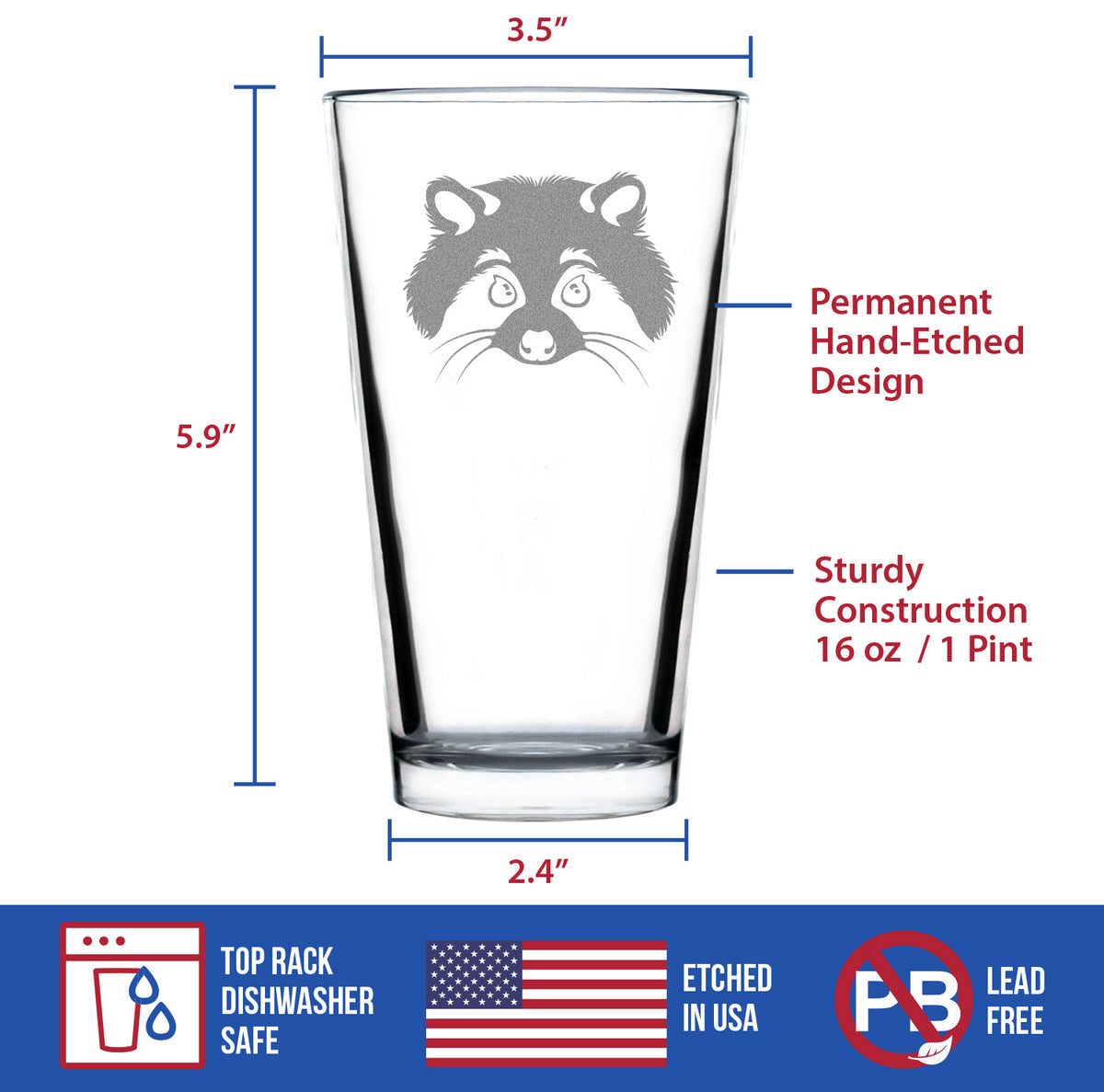 Raccoon Face - Pint Glass for Beer - Cute Raccoon Gifts for Animal Lovers - 16 oz Glasses