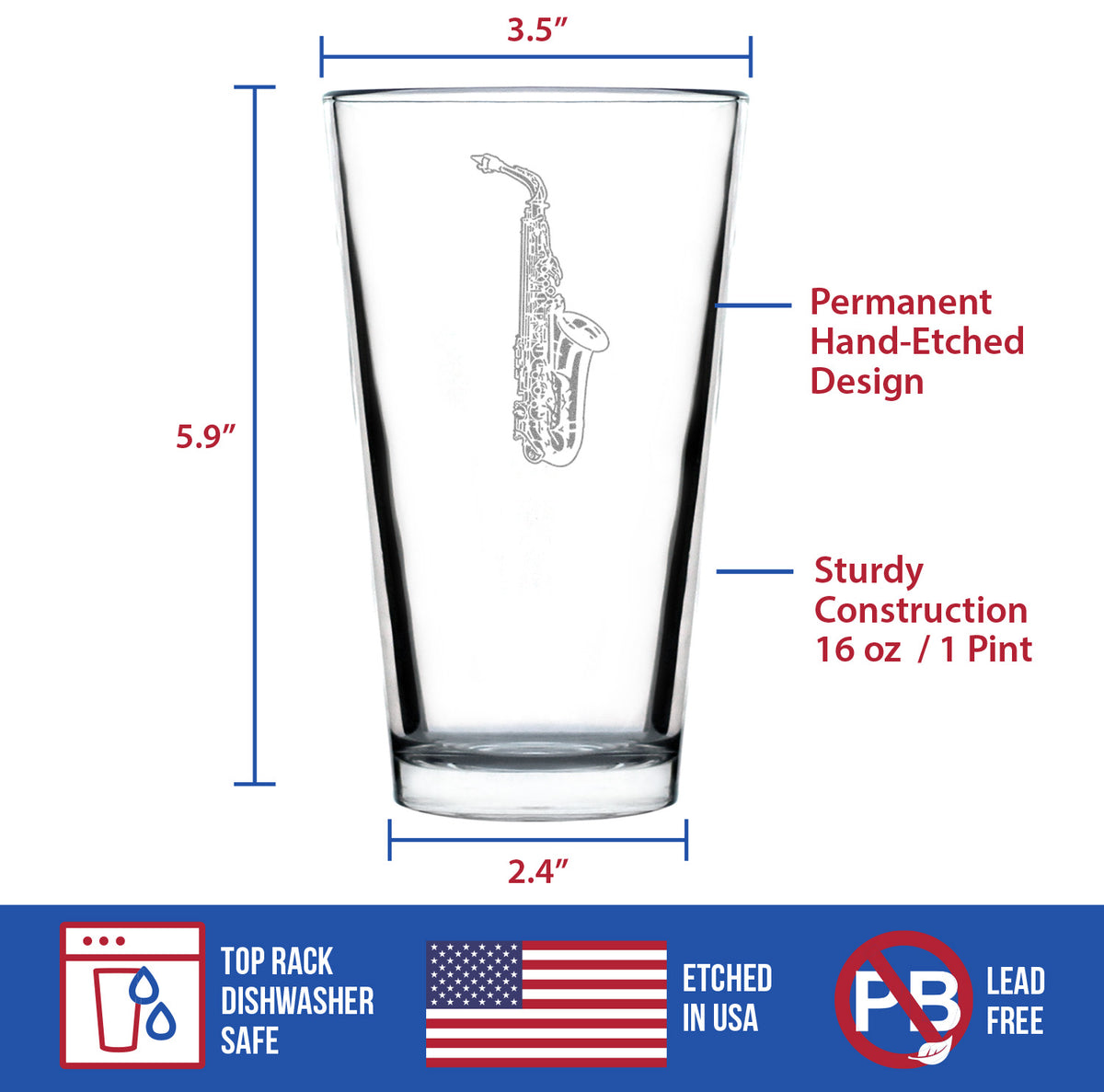 Saxophone Engraved Pint Glass Gifts for Musicians High Quality Pint Glasses for Beer - 16oz