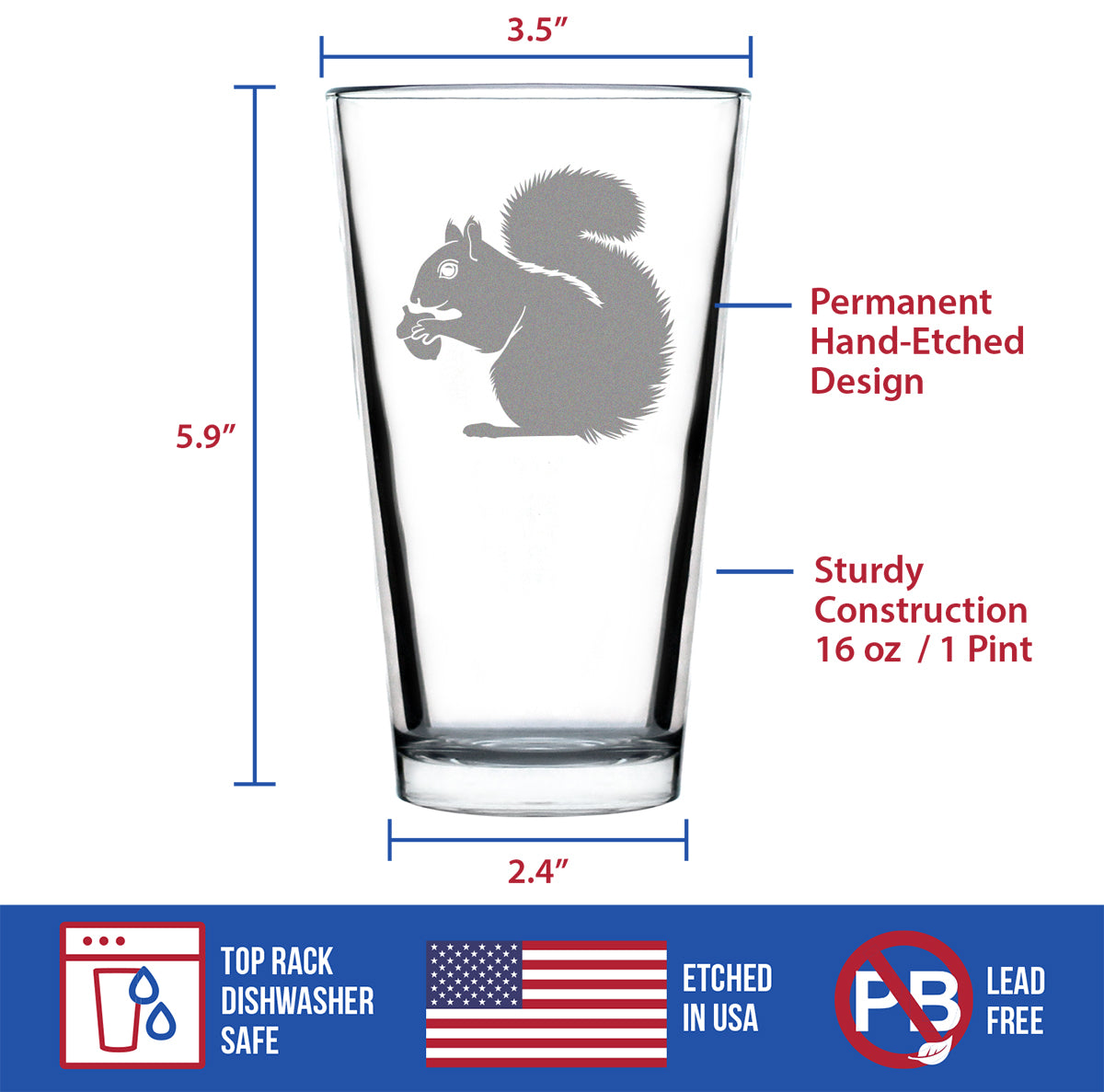 Squirrel Pint Glass for Beer - Squirrel Gifts and Decor with Squirrels - 16 Oz Glasses