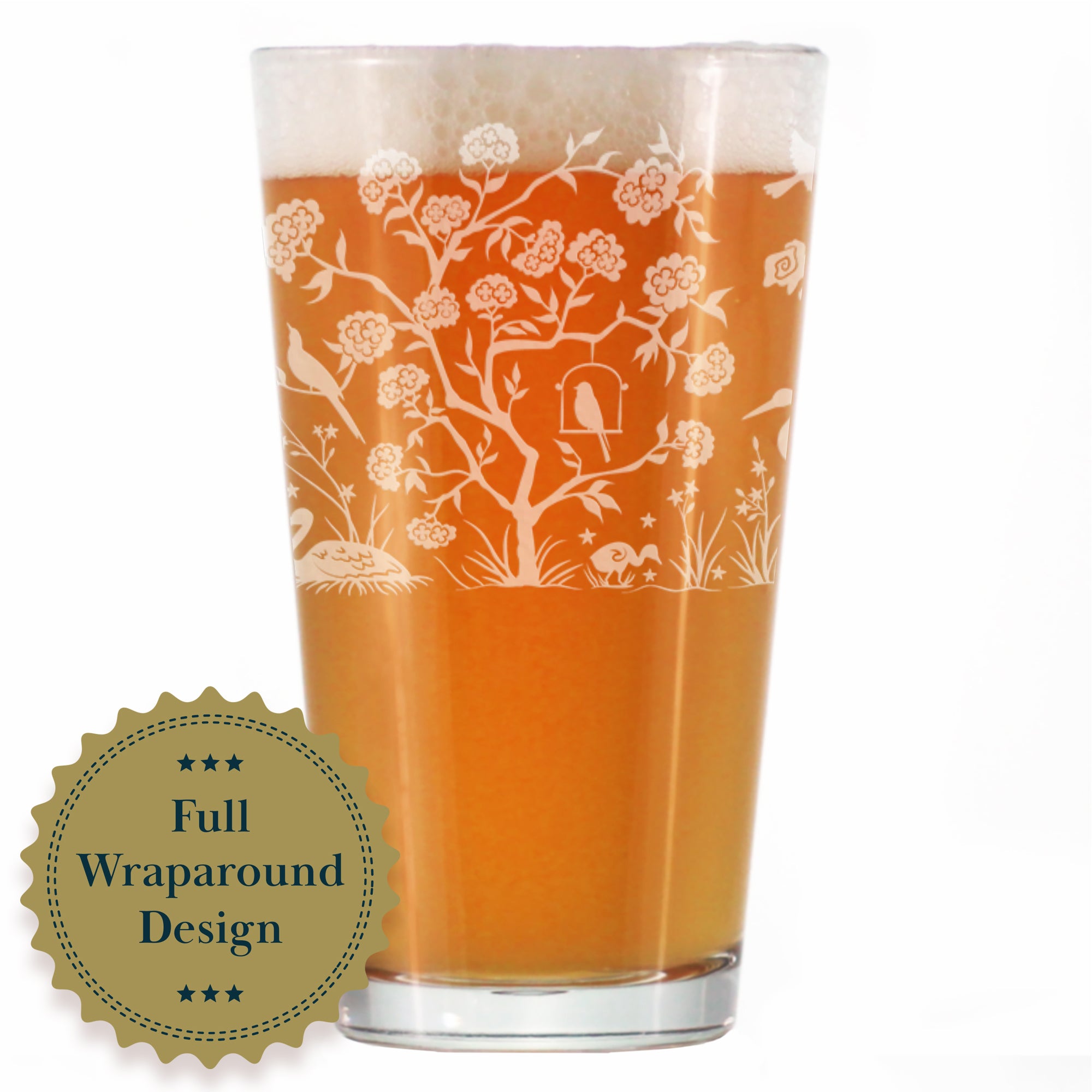 Chinoiserie Mural Pattern Engraved Pint Glass - Full Wrap - Multi-Layer Engraving - 16 oz