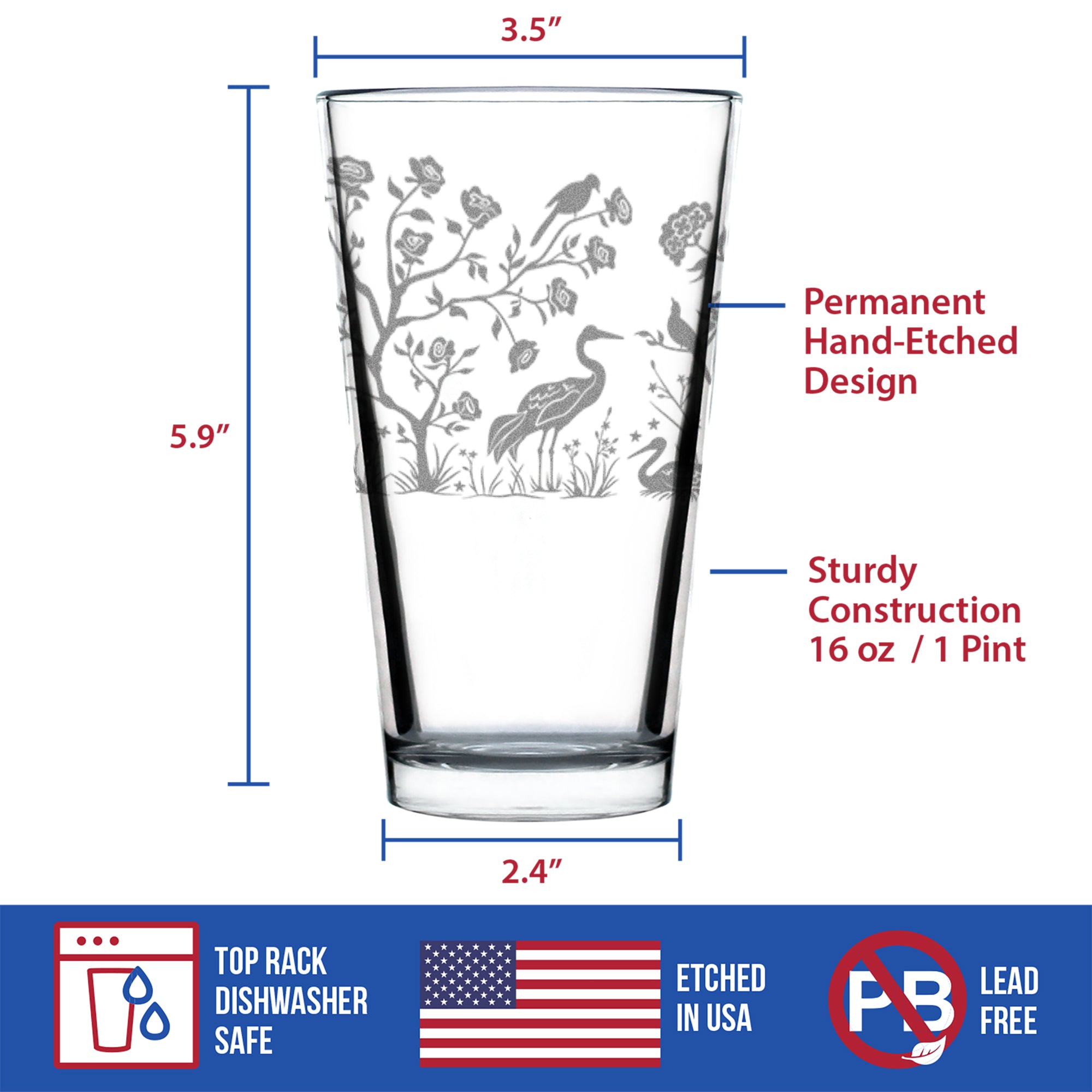 Chinoiserie Mural Pattern Engraved Pint Glass - Full Wrap - Multi-Layer Engraving - 16 oz