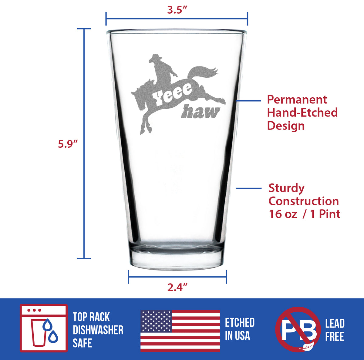 Yeehaw Engraved Pint Glass Gifts Rodeo Party Decor &amp; Western Home Decorations High Quality Pint Glasses for Beer - 16oz