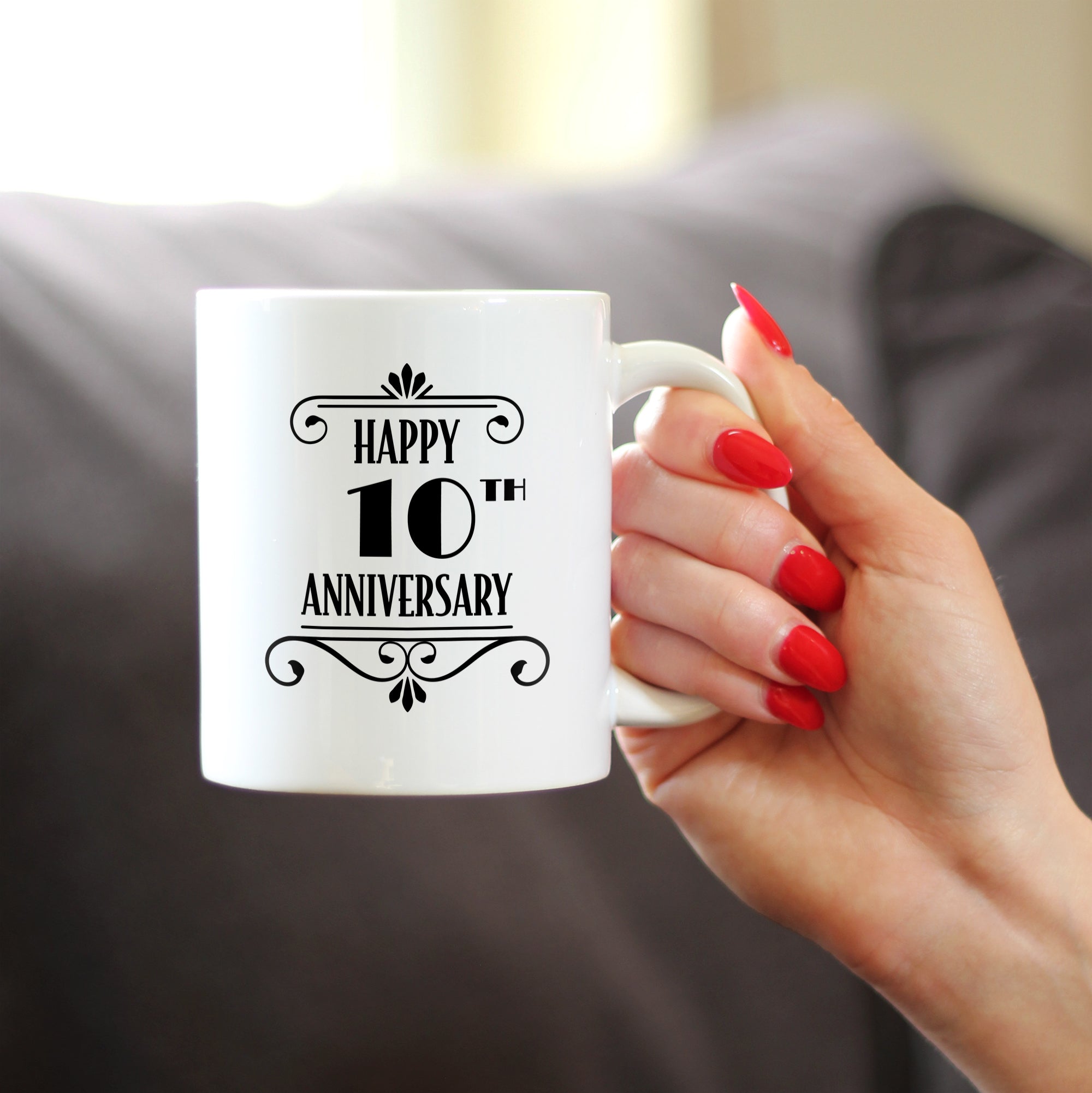 Happy 10th Anniversary Coffee Mug Gifts 10 Year Anniversary Art Deco Party Decor White Ceramic Coffee Cup