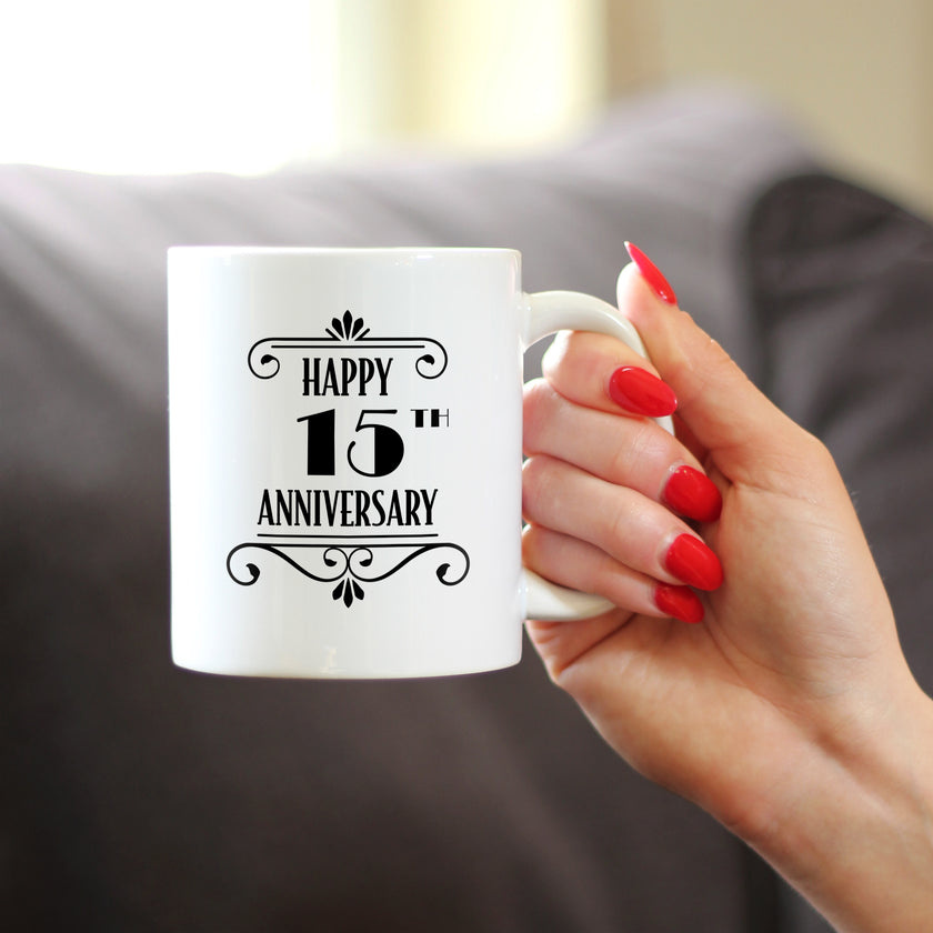 Happy 15th Anniversary Coffee Mug Gifts 15 Year Anniversary Art Deco Party Decor White Ceramic Coffee Cup
