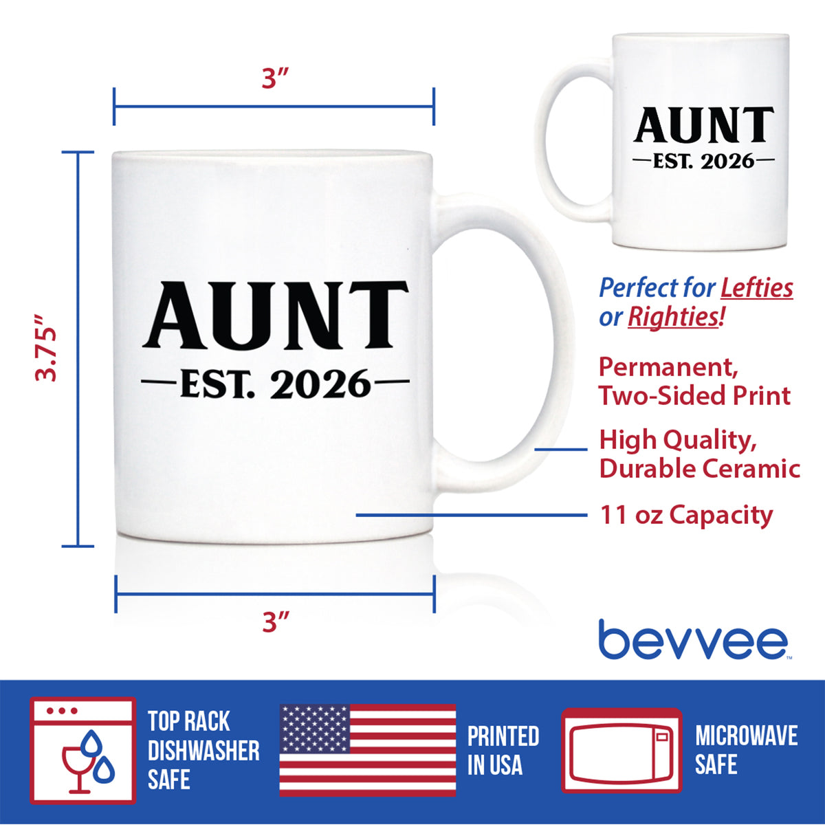 Aunt Est 2026 - Coffee Mug - New Aunt Gift for First Time Aunts - Bold White Ceramic Coffee Cup