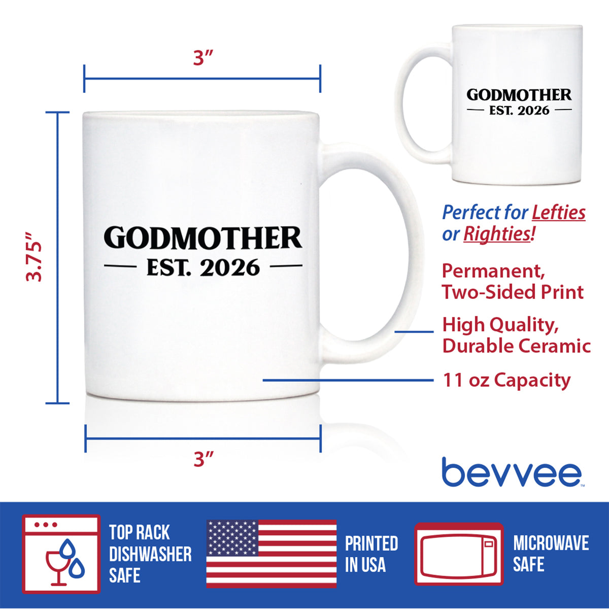 Godmother Est 2026 - Coffee Mug - New Godmother Gift for First Time Godparents - Bold White Ceramic Coffee Cup