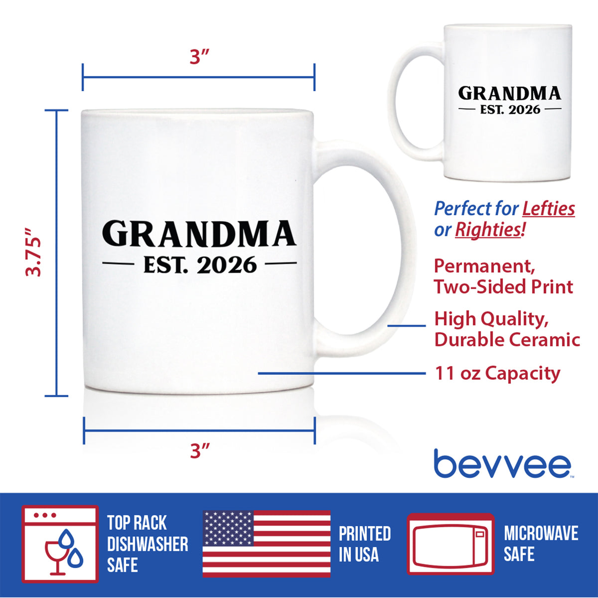 Grandma Est 2026 - Coffee Mug - New Grandmother Gift for First Time Grandparents - Bold White Ceramic Coffee Cup