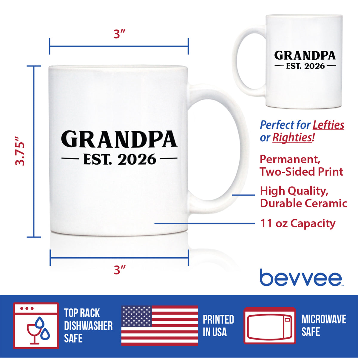 Grandpa Est 2026 - Coffee Mug - New Grandfather Gift for First Time Grandparents - Bold White Ceramic Coffee Cup