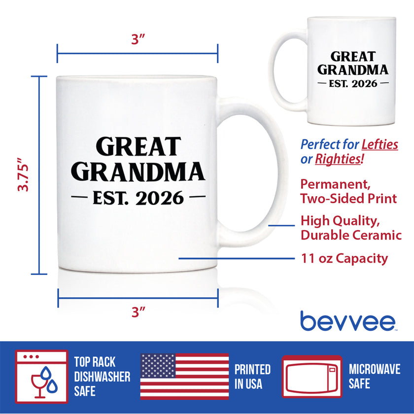 Great Grandma Est 2026 - Coffee Mug - New Great Grandmother Gift for First Time Great Grandparents - Bold White Ceramic Coffee Cup
