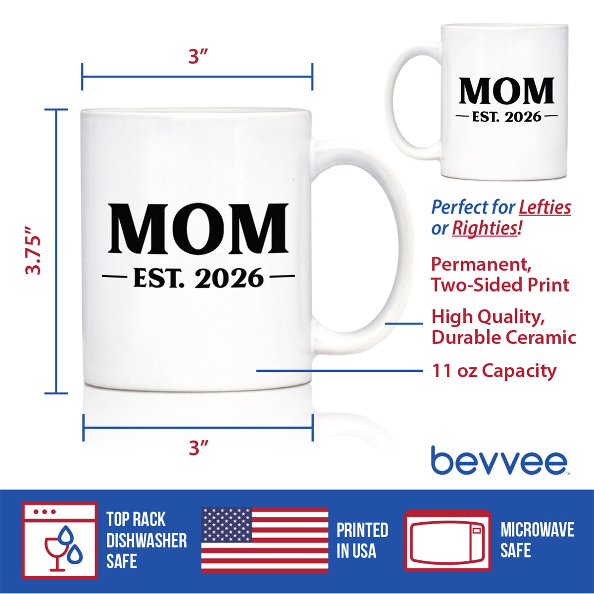 Mom Est 2026 - Coffee Mug - New Mother Gift for First Time Parents - Bold White Ceramic Coffee Cup