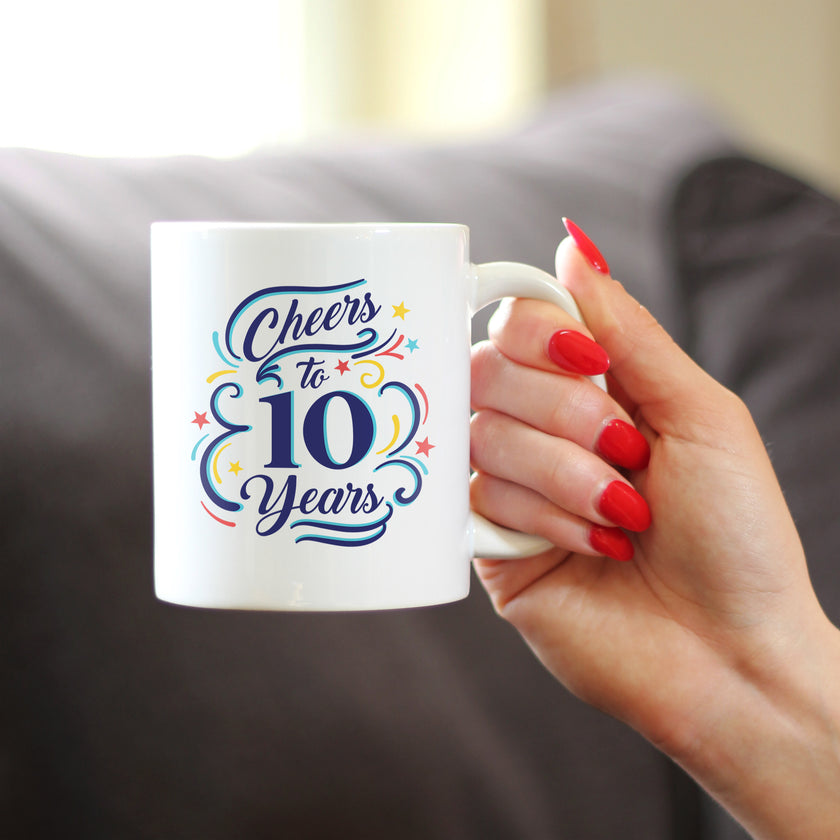Cheers to 10 Years - Coffee Mug Gifts for Women & Men - 10th Anniversary Party Decor