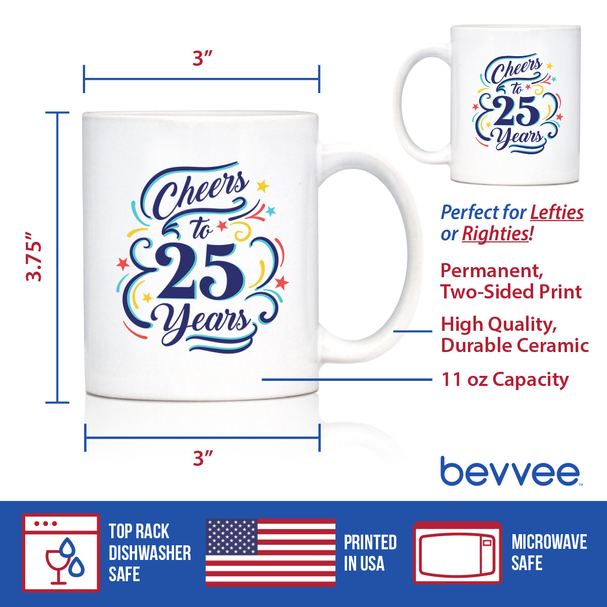 Cheers to 25 Years - Coffee Mug Gifts for Women &amp; Men - 25th Anniversary Party Decor
