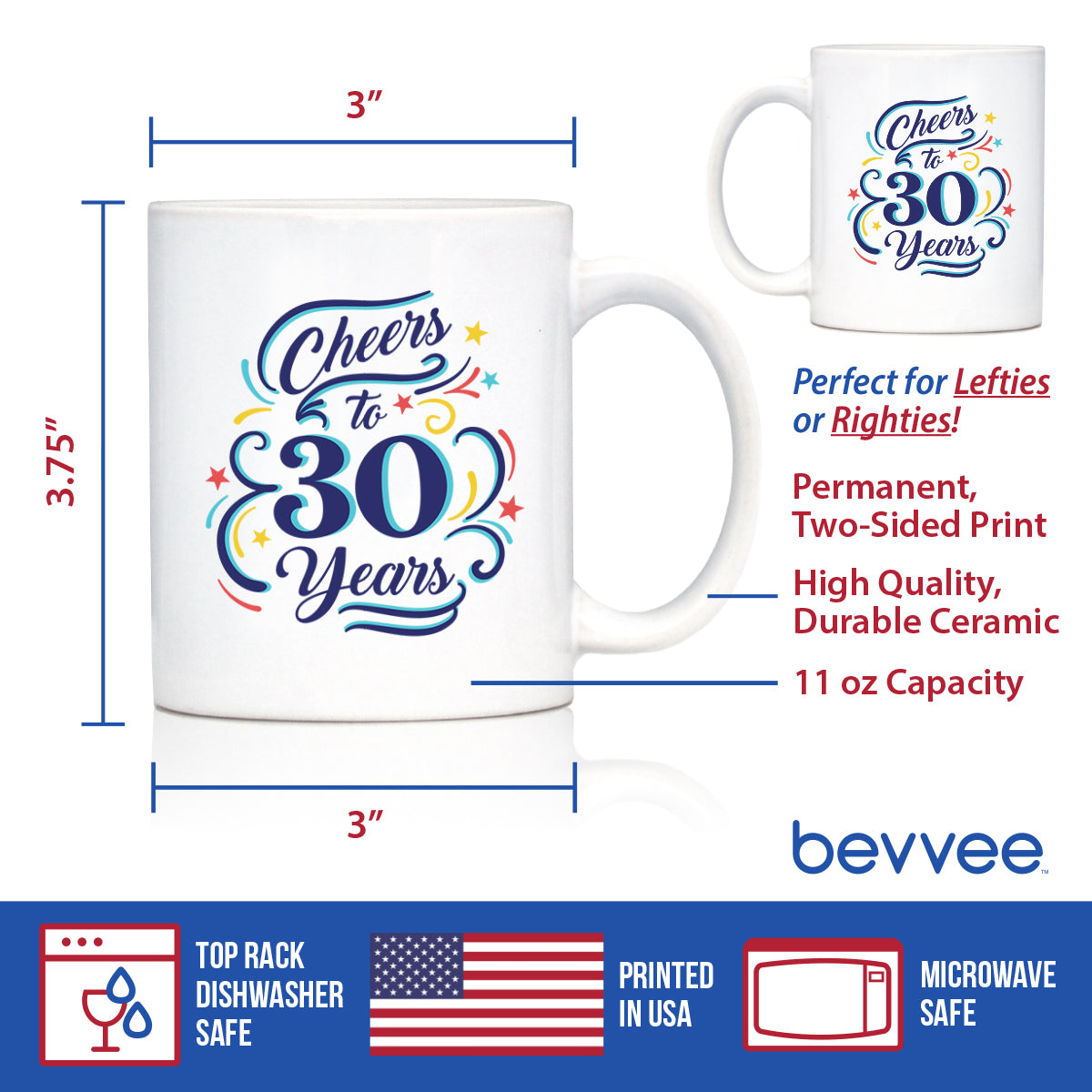 Cheers to 30 Years - Coffee Mug Gifts for Women &amp; Men - 30th Anniversary Party Decor