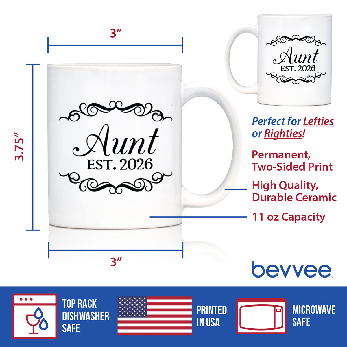 Aunt Est 2026 - Coffee Mug - New Aunt Gift for First Time Aunts - Decorative White Ceramic Coffee Cup