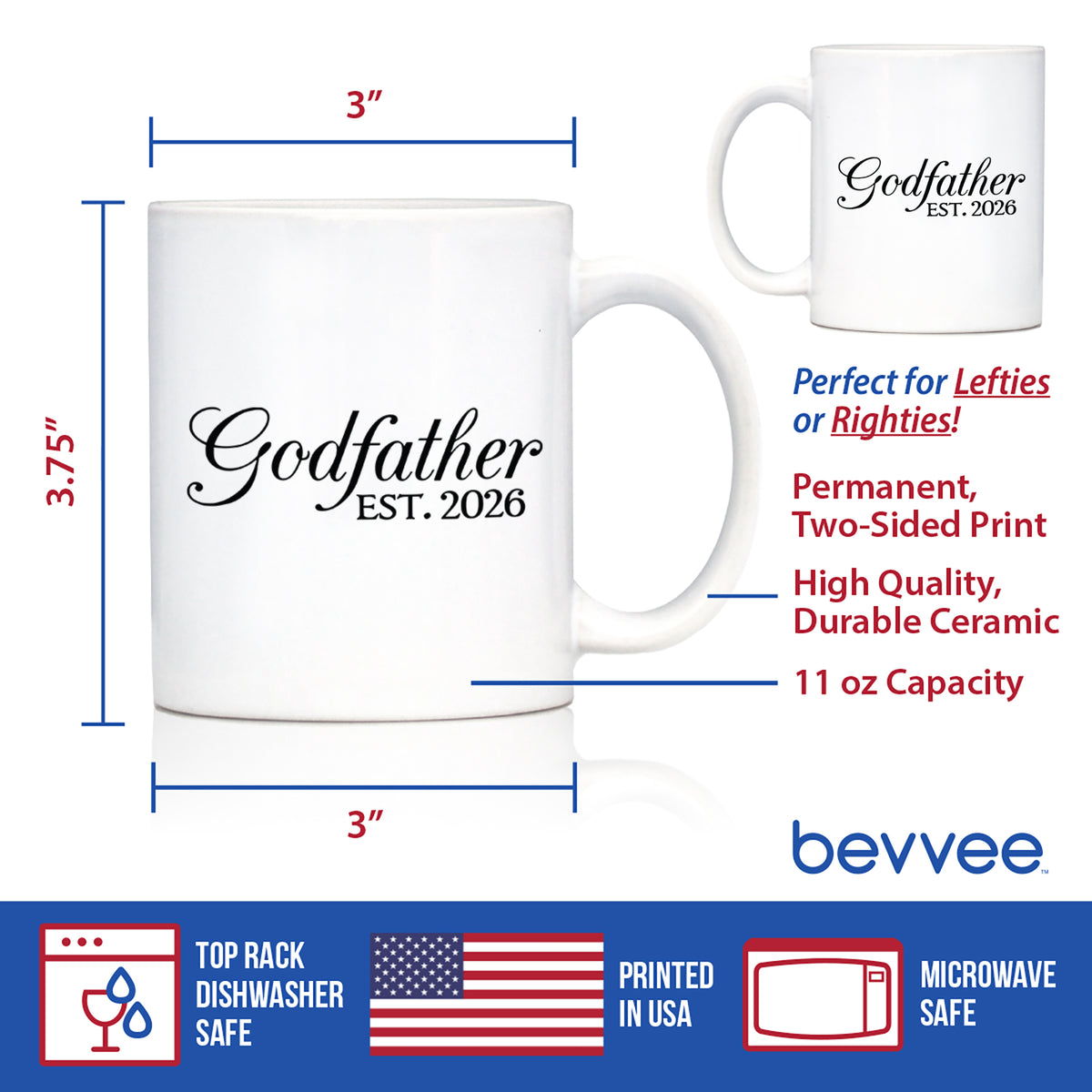 Godfather Est 2026 - Coffee Mug - New Godfather Gift for First Time Godparents - Decorative White Ceramic Coffee Cup