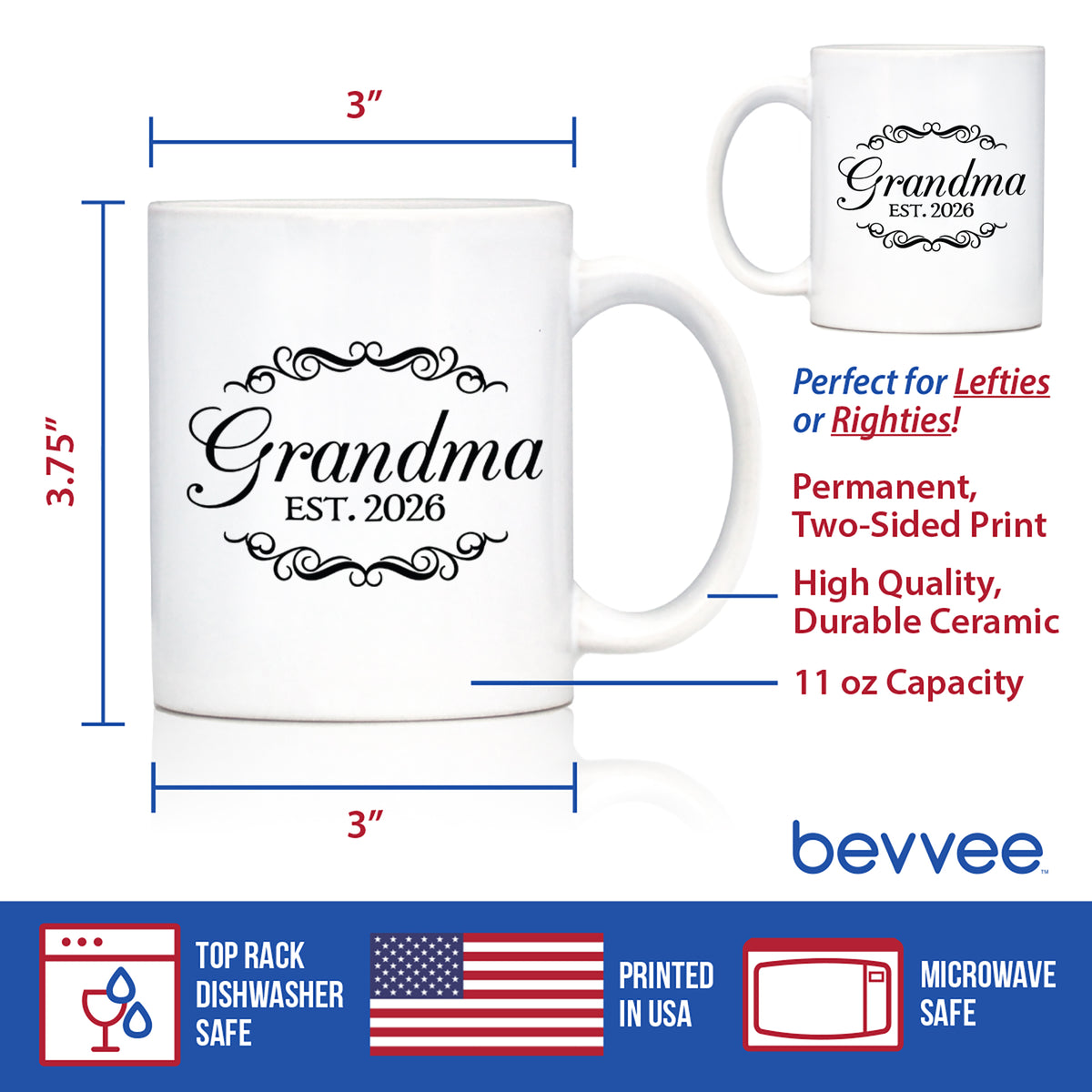 Grandma Est 2026 - Coffee Mug - New Grandmother Gift for First Time Grandparents - Decorative White Ceramic Coffee Cup