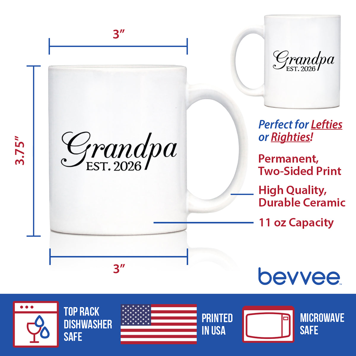 Grandpa Est 2026 - Coffee Mug - New Grandfather Gift for First Time Grandparents - Decorative White Ceramic Coffee Cup