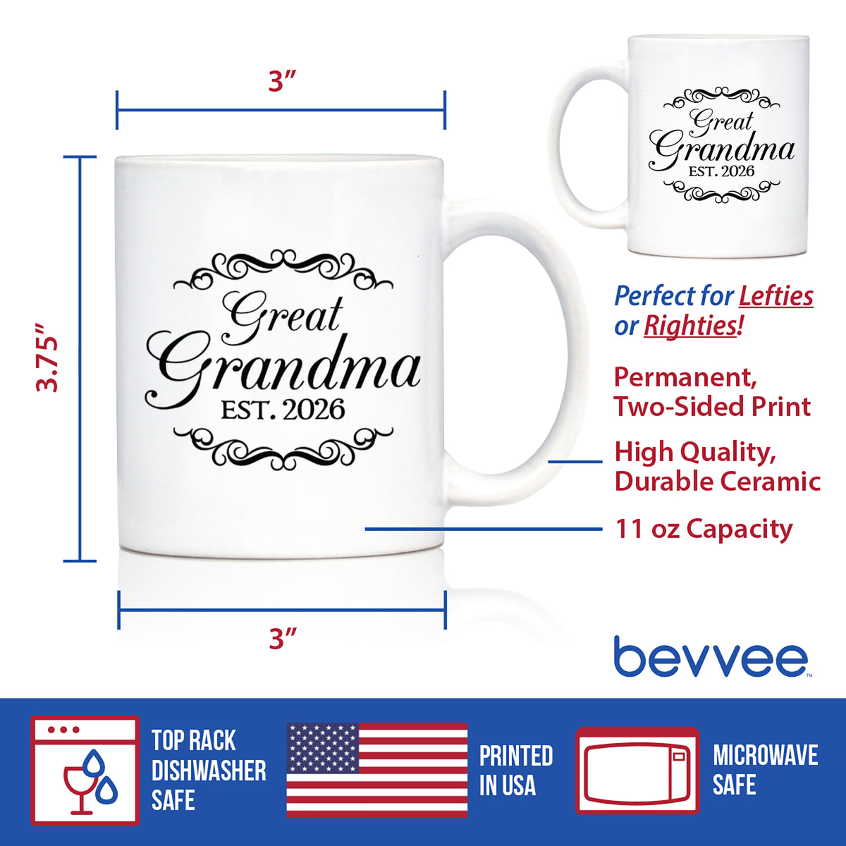 Great Grandma Est 2026 - Coffee Mug - New Great Grandmother Gift for First Time Great Grandparents - Decorative White Ceramic Coffee Cup