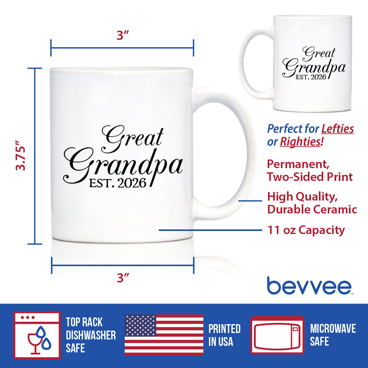Great Grandpa Est 2026 - Coffee Mug - New Great Grandfather Gift for First Time Great Grandparents - Decorative White Ceramic Coffee Cup