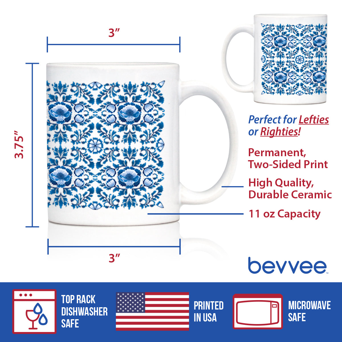 Delft Blue and White Coffee Mug Floral Dutch Pattern Gifts White Ceramic Coffee Cup