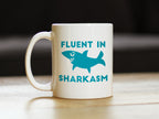 Fluent in Sharkasm - Shark Coffee Mug - Cute Funny Gifts for Sarcastic Moms or Dad Joke Lovers