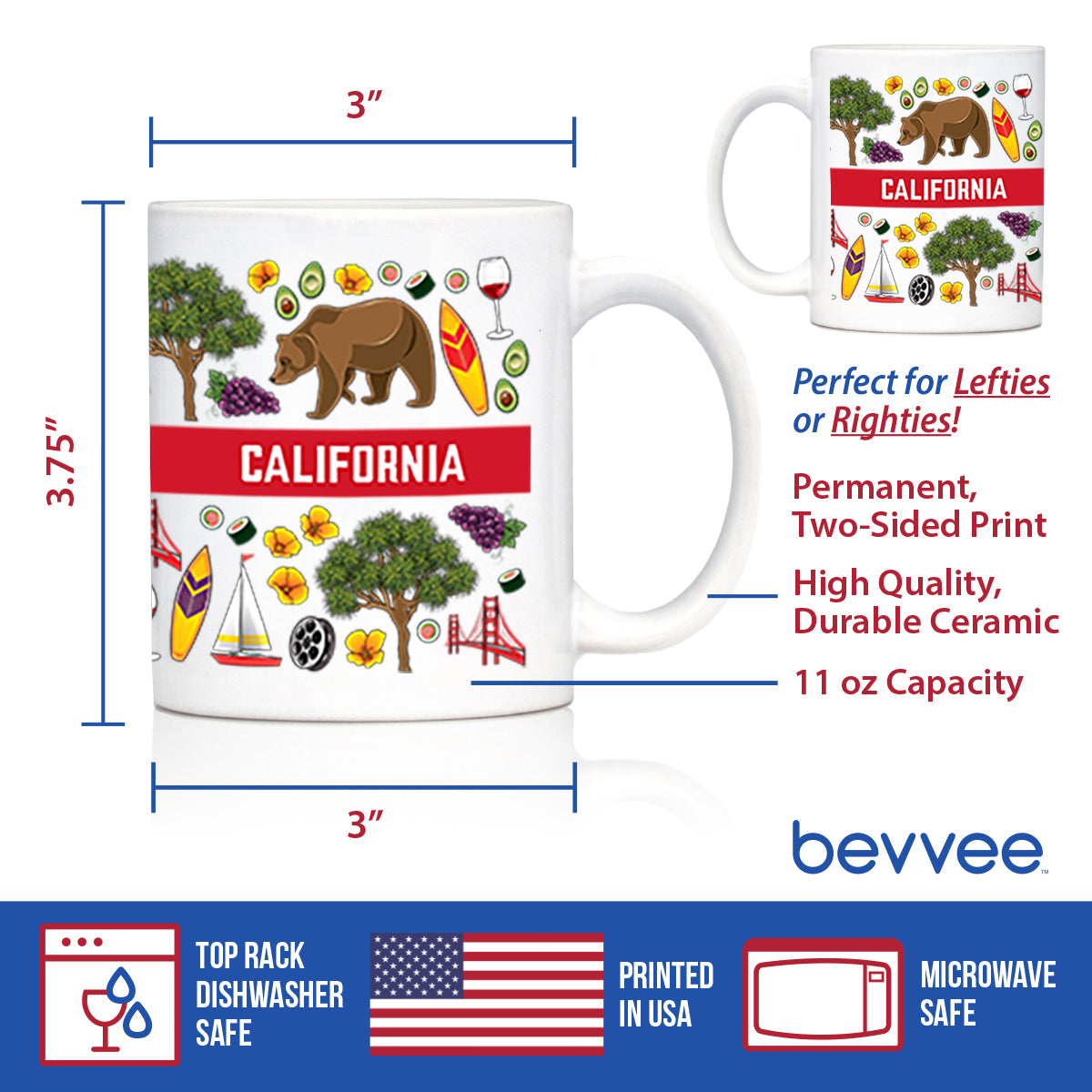 California Flag Pattern Coffee Mug California Gifts and Souvenirs White Ceramic Coffee Cup