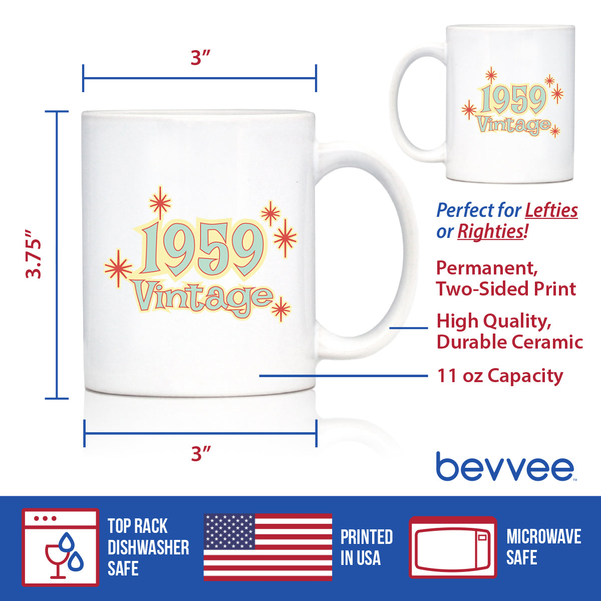 Vintage 1959 - Fun 65th Birthday Coffee Mug Gifts for Men &amp; Women Turning 65 - Retro Coffee Cups