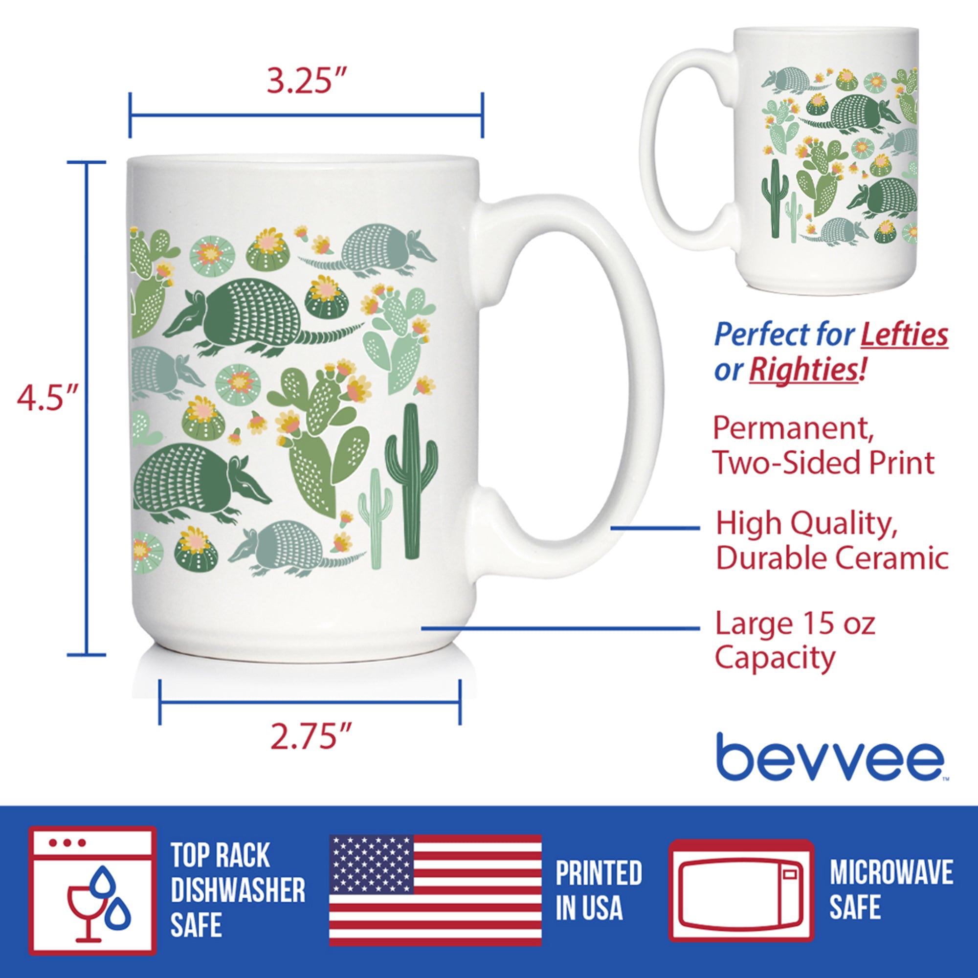 Armadillo Coffee Mug Texas Gifts and Souvenirs White Ceramic Coffee Cup