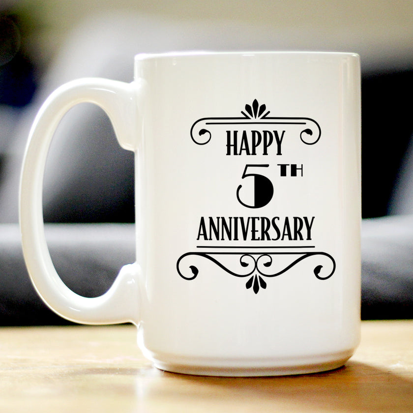 Happy 5th Anniversary Coffee Mug Gifts 5 Year Anniversary Art Deco Party Decor White Ceramic Coffee Cup