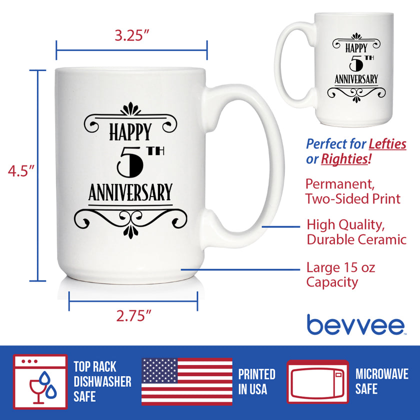 Happy 5th Anniversary Coffee Mug Gifts 5 Year Anniversary Art Deco Party Decor White Ceramic Coffee Cup