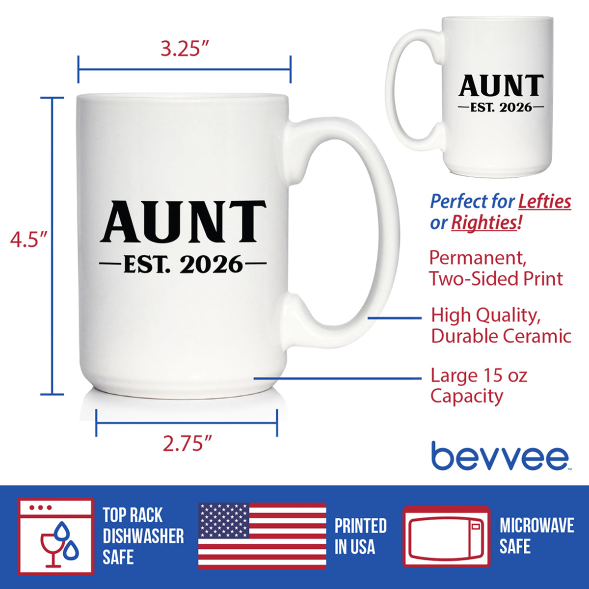 Aunt Est 2026 - Coffee Mug - New Aunt Gift for First Time Aunts - Bold White Ceramic Coffee Cup