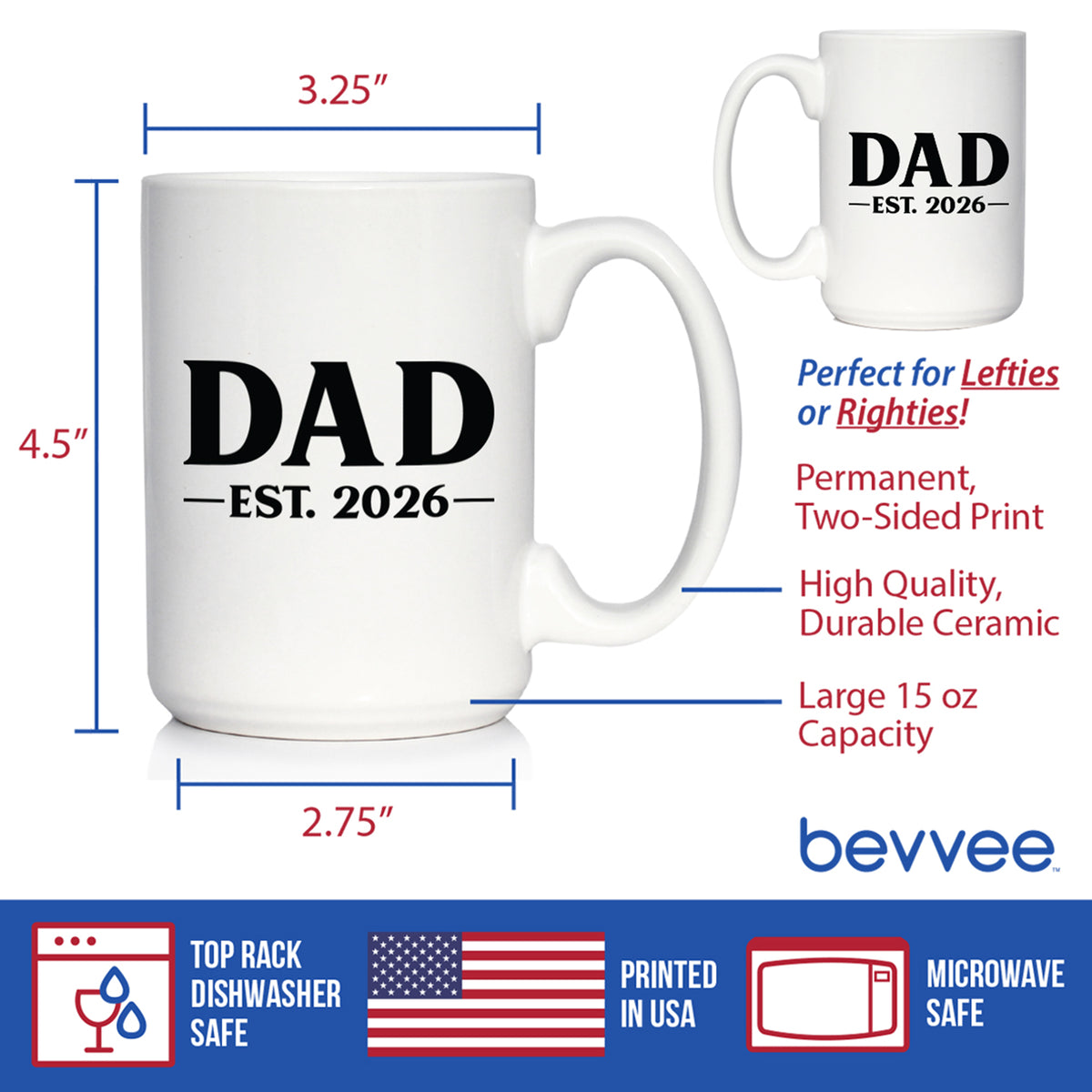 Dad Est 2026 - Coffee Mug - New Father Gift for First Time Parents - Bold White Ceramic Coffee Cup