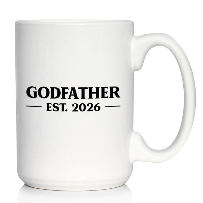 Godfather Est 2026 - Coffee Mug - New Godfather Gift for First Time Godparents - Bold White Ceramic Coffee Cup
