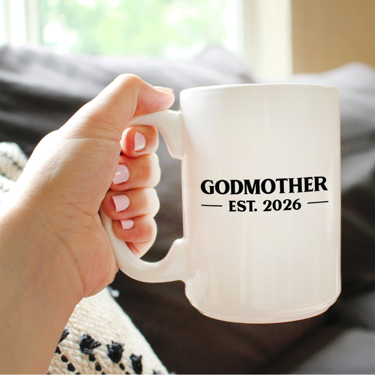 Godmother Est 2026 - Coffee Mug - New Godmother Gift for First Time Godparents - Bold White Ceramic Coffee Cup