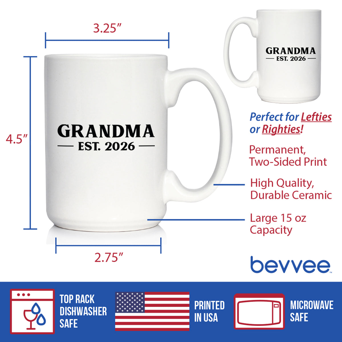 Grandma Est 2026 - Coffee Mug - New Grandmother Gift for First Time Grandparents - Bold White Ceramic Coffee Cup