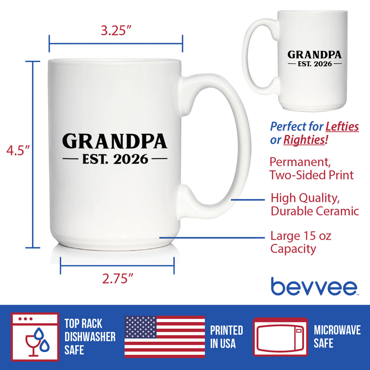 Grandpa Est 2026 - Coffee Mug - New Grandfather Gift for First Time Grandparents - Bold White Ceramic Coffee Cup