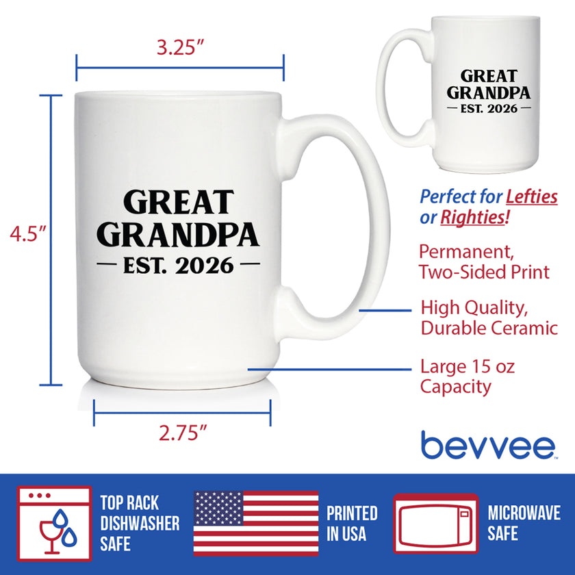 Great Grandpa Est 2026 - Coffee Mug - New Great Grandfather Gift for First Time Great Grandparents - Bold White Ceramic Coffee Cup