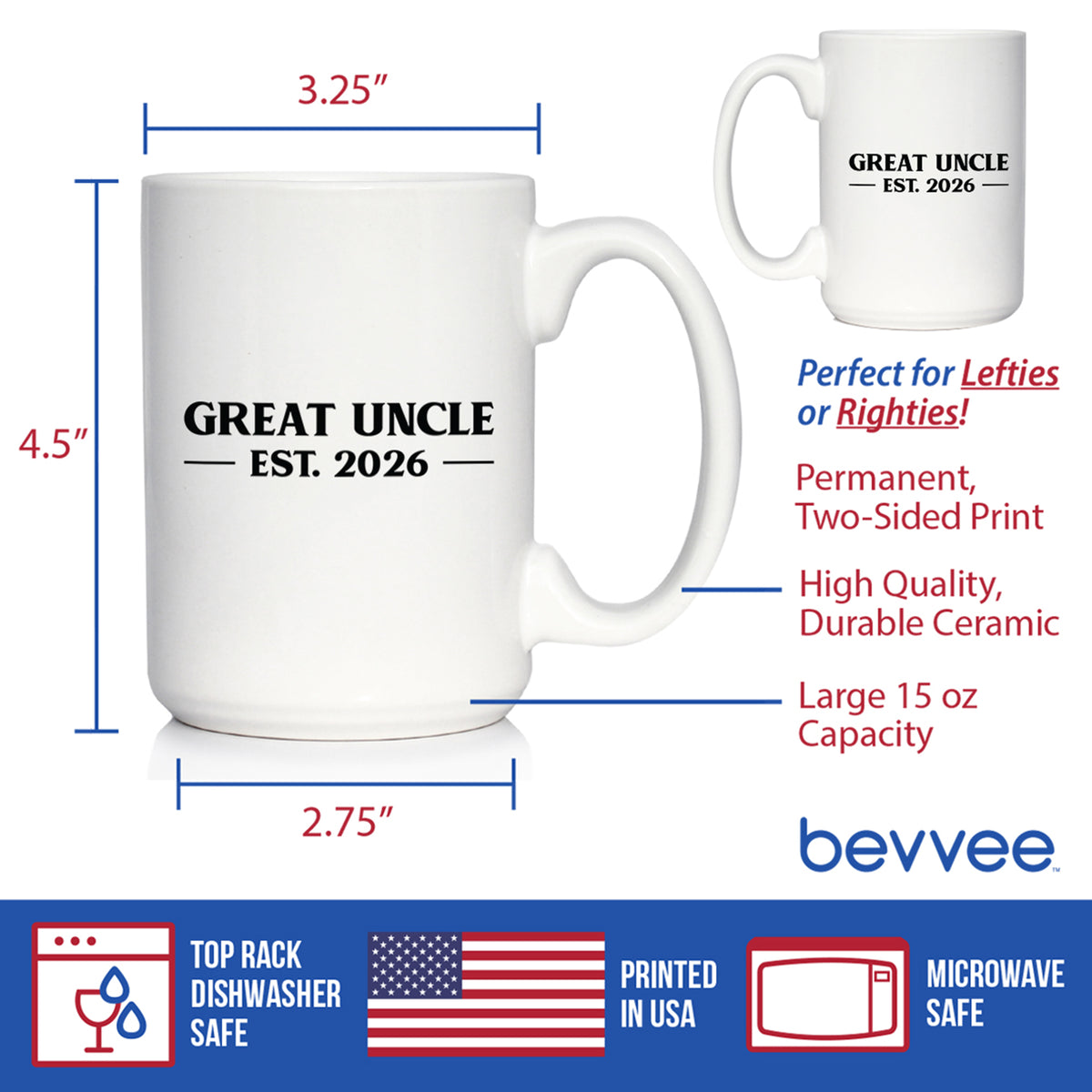 Great Uncle Est 2026 - Coffee Mug - New Great Uncle Gift for First Time Great Uncles - Bold White Ceramic Coffee Cup
