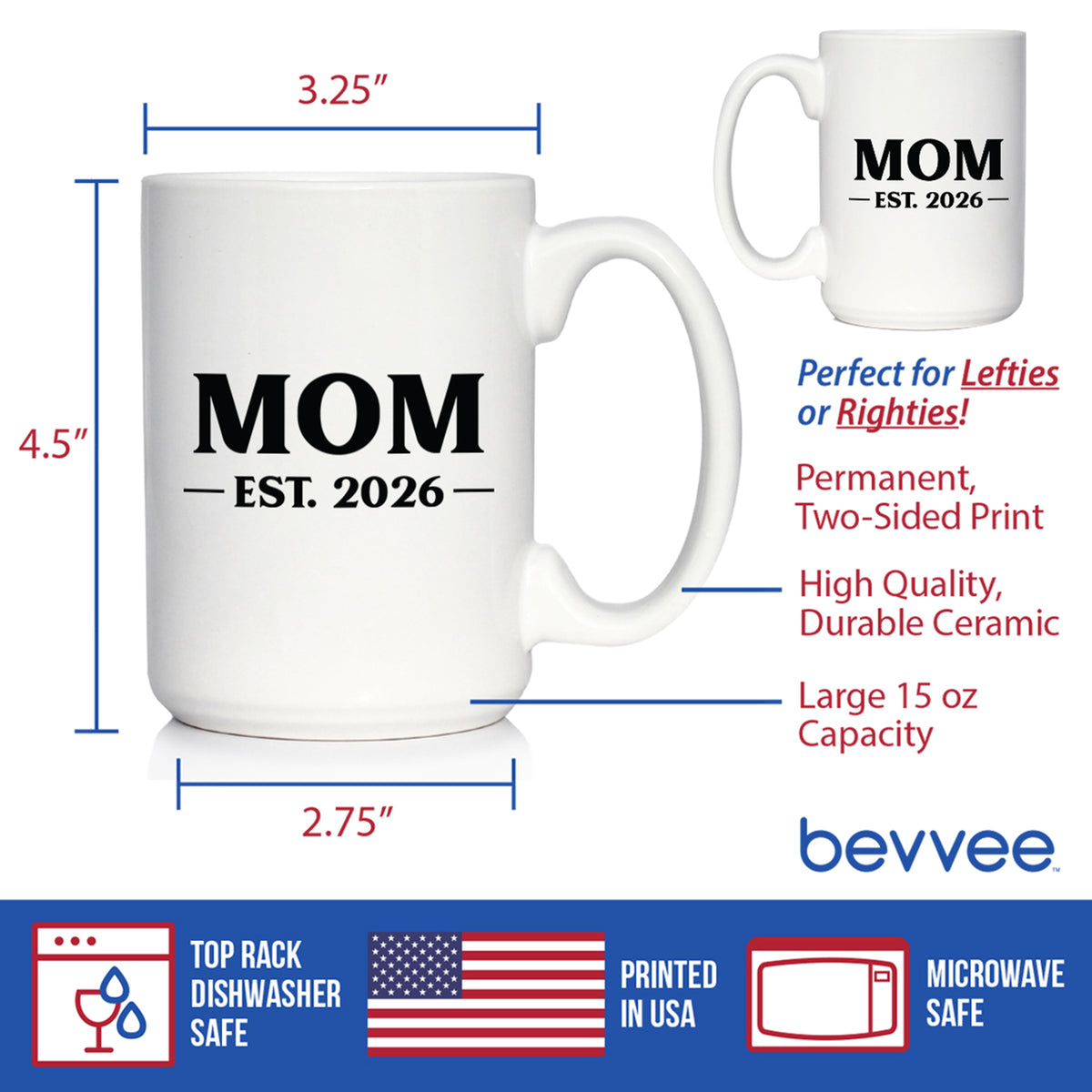 Mom Est 2026 - Coffee Mug - New Mother Gift for First Time Parents - Bold White Ceramic Coffee Cup