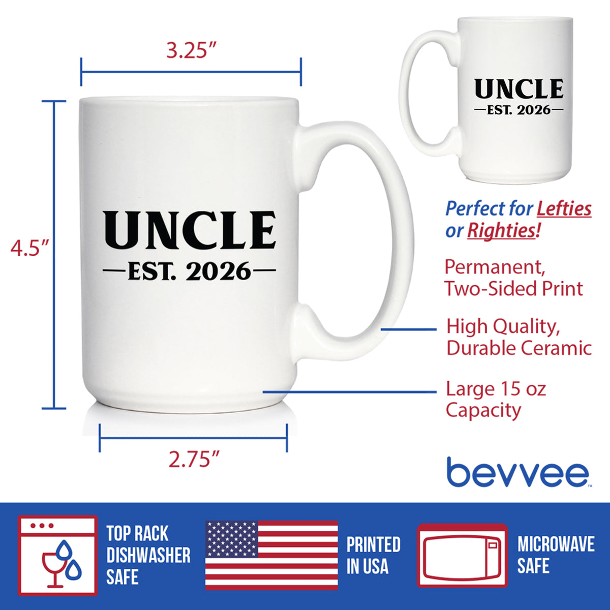 Uncle Est 2026 - Coffee Mug - New Uncle Gift for First Time Uncles - Bold White Ceramic Coffee Cup