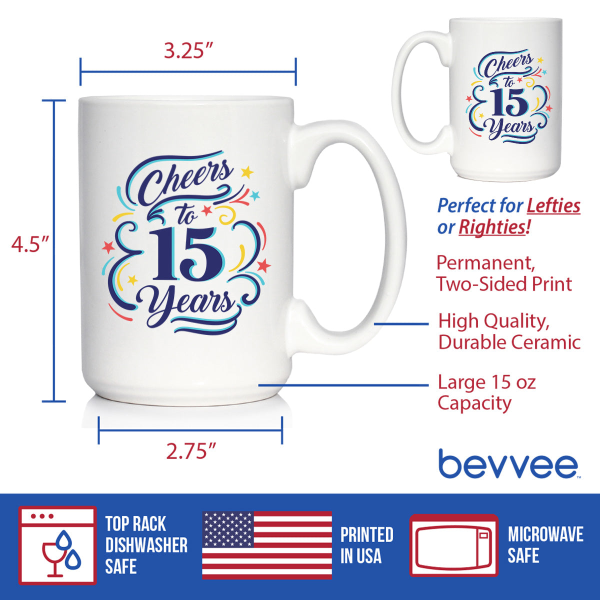 Cheers to 15 Years - Coffee Mug Gifts for Women &amp; Men - 15th Anniversary Party Decor