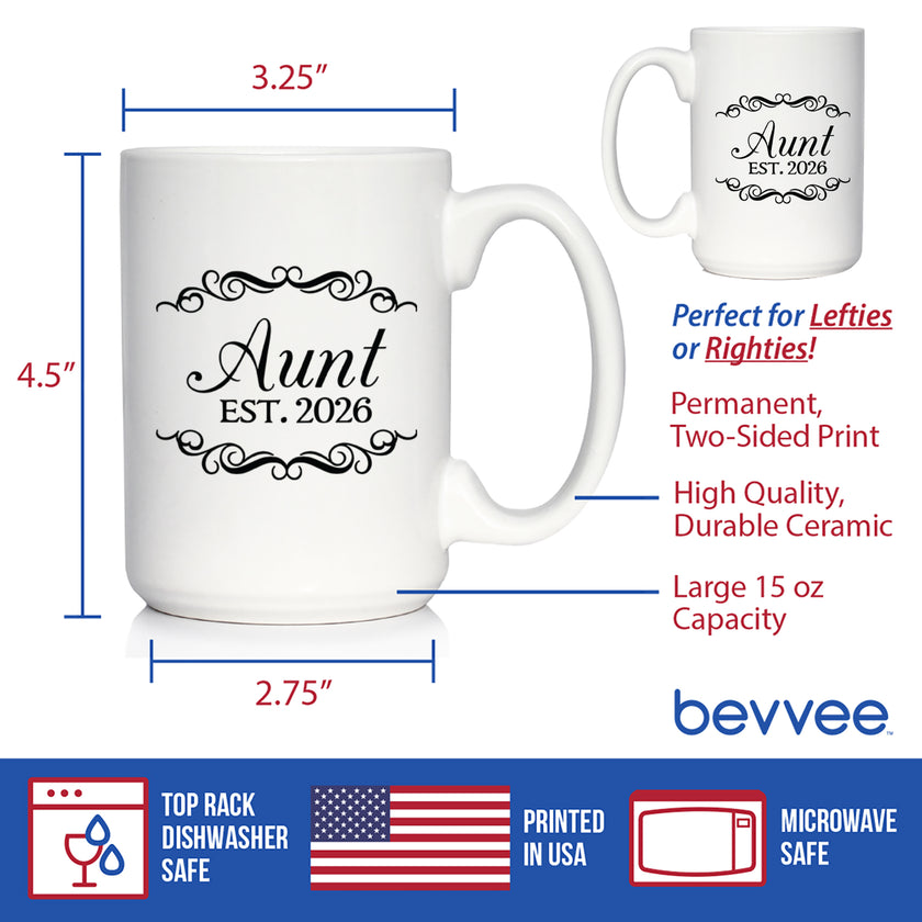 Aunt Est 2026 - Coffee Mug - New Aunt Gift for First Time Aunts - Decorative White Ceramic Coffee Cup