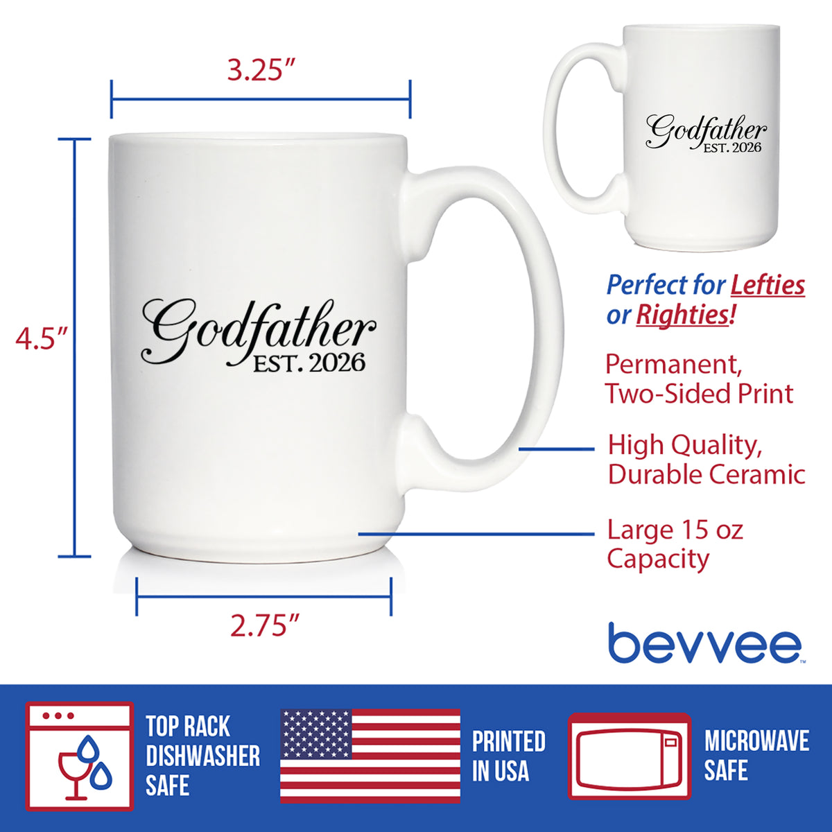 Godfather Est 2026 - Coffee Mug - New Godfather Gift for First Time Godparents - Decorative White Ceramic Coffee Cup