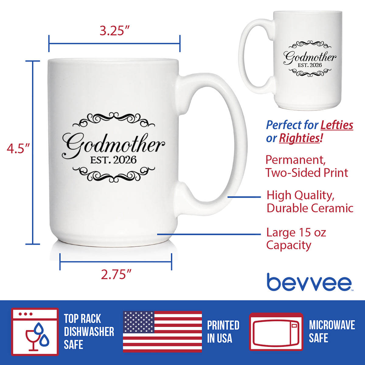 Godmother Est 2026 - Coffee Mug - New Godmother Gift for First Time Godparents - Decorative White Ceramic Coffee Cup