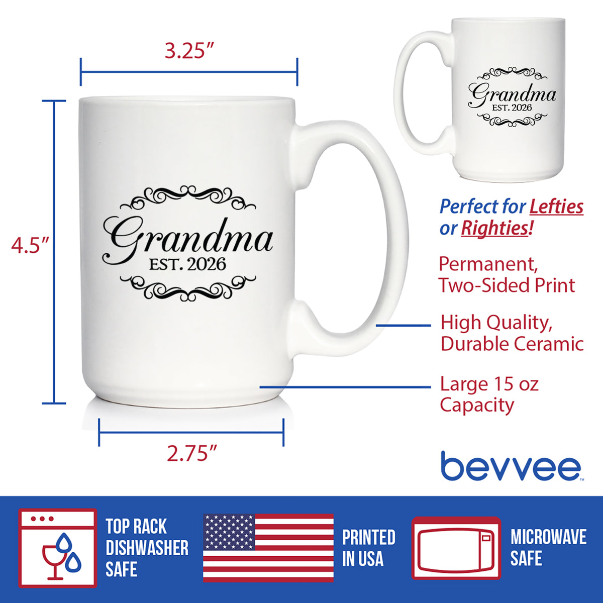 Grandma Est 2026 - Coffee Mug - New Grandmother Gift for First Time Grandparents - Decorative White Ceramic Coffee Cup