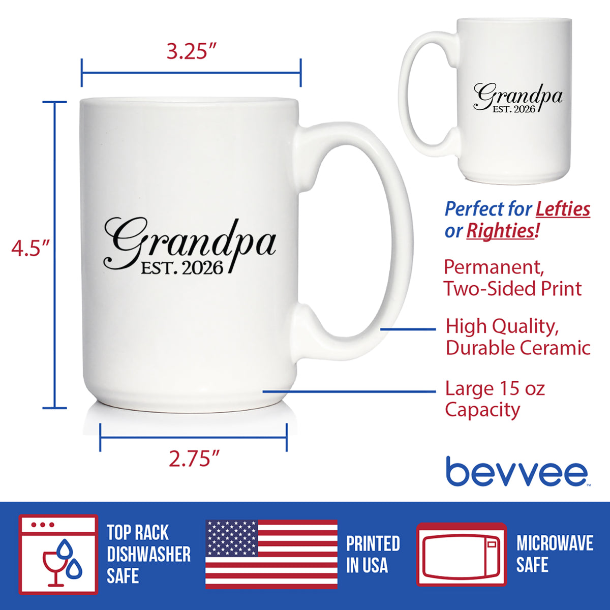 Grandpa Est 2026 - Coffee Mug - New Grandfather Gift for First Time Grandparents - Decorative White Ceramic Coffee Cup