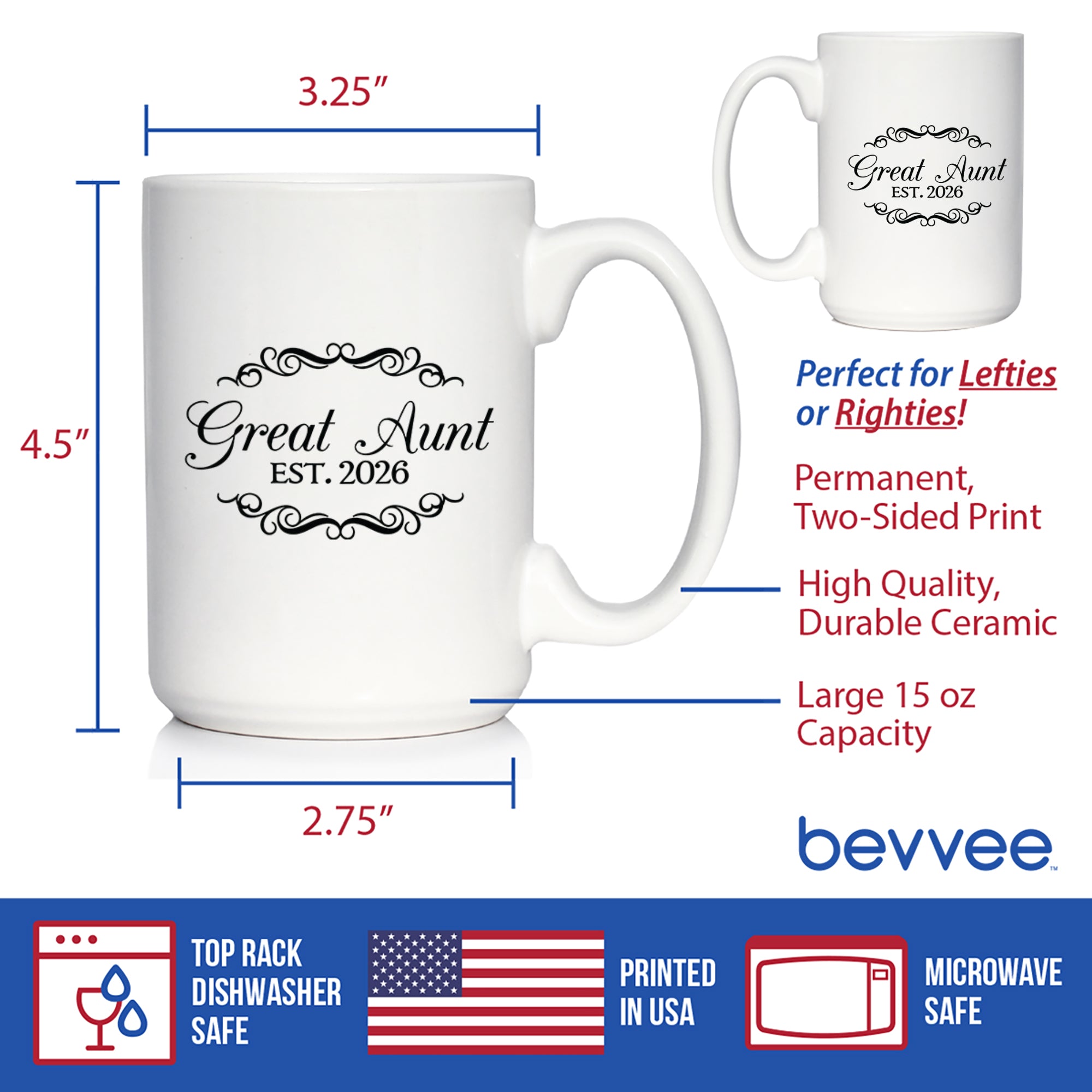 Great Aunt Est 2026 - Coffee Mug - New Great Aunt Gift for First Time Great Aunts - Decorative White Ceramic Coffee Cup
