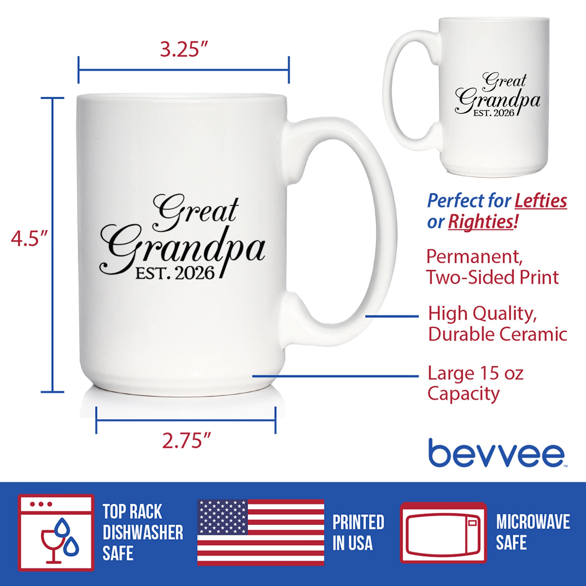 Great Grandpa Est 2026 - Coffee Mug - New Great Grandfather Gift for First Time Great Grandparents - Decorative White Ceramic Coffee Cup